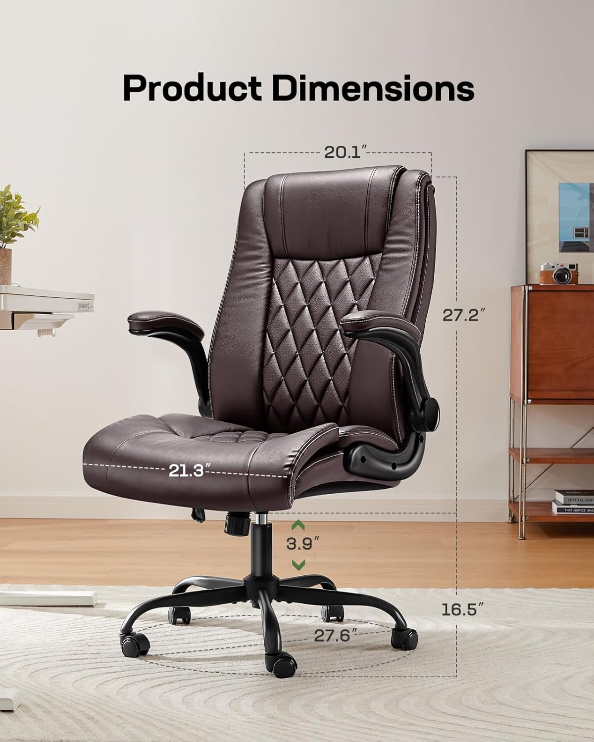 Marsail Executive Office Chair with Flip-up Armrests,PU Leather Ergonomic Desk Chair Height-Adjustable Swivel Rolling Desk Chair