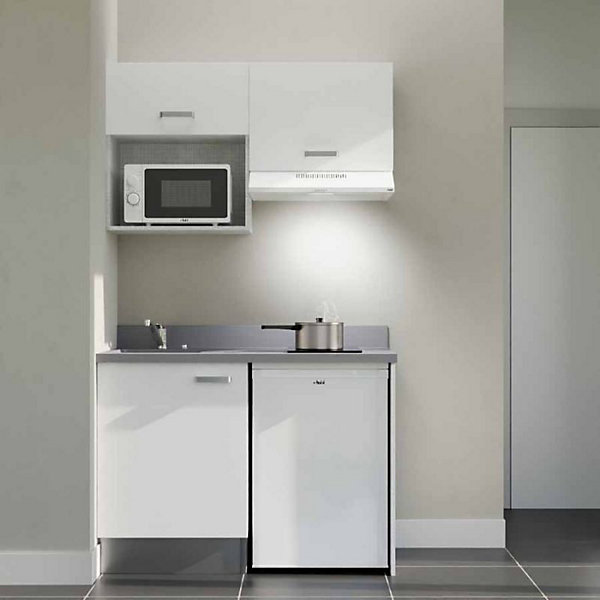 Kitchenette K02 - 120 cm - façades Blanc - Plan monobloc en quartz coloris Cromo évier à gauche - Electroménager Blanc