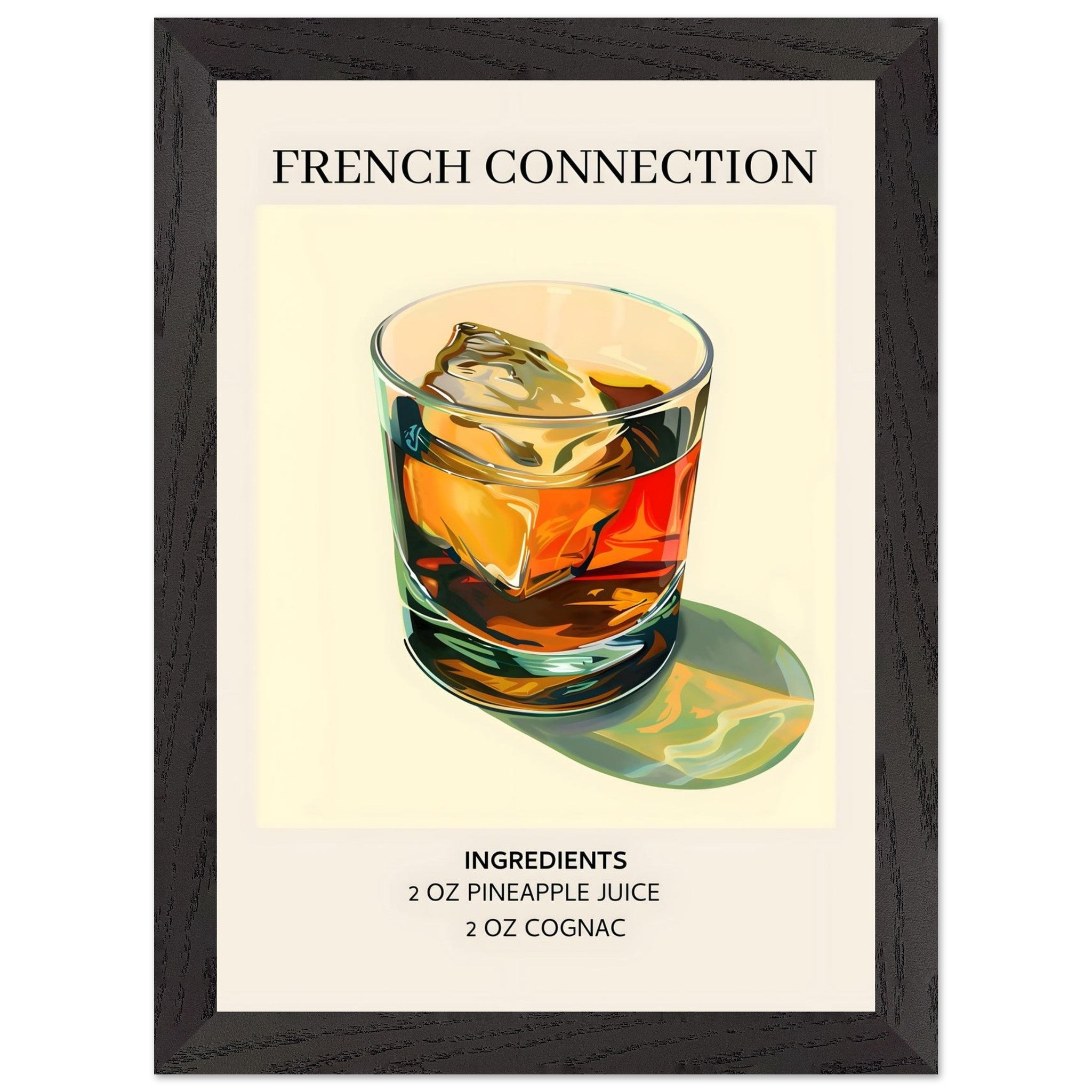 Artfulprints Poster met Lijst French Connection cocktail - Ingrediënten  - A4 21x29.7 cm - Geel