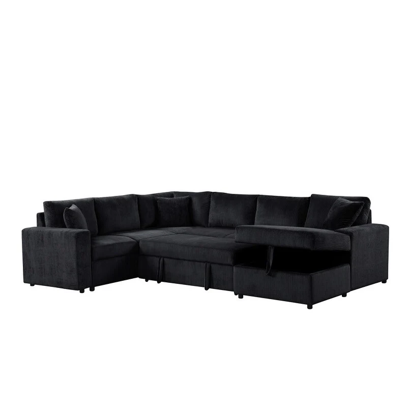 Ruxley 123W Corduroy Sleeper Sectional Sofa with Right-Facing Storage Chaise and Throw Pillows
