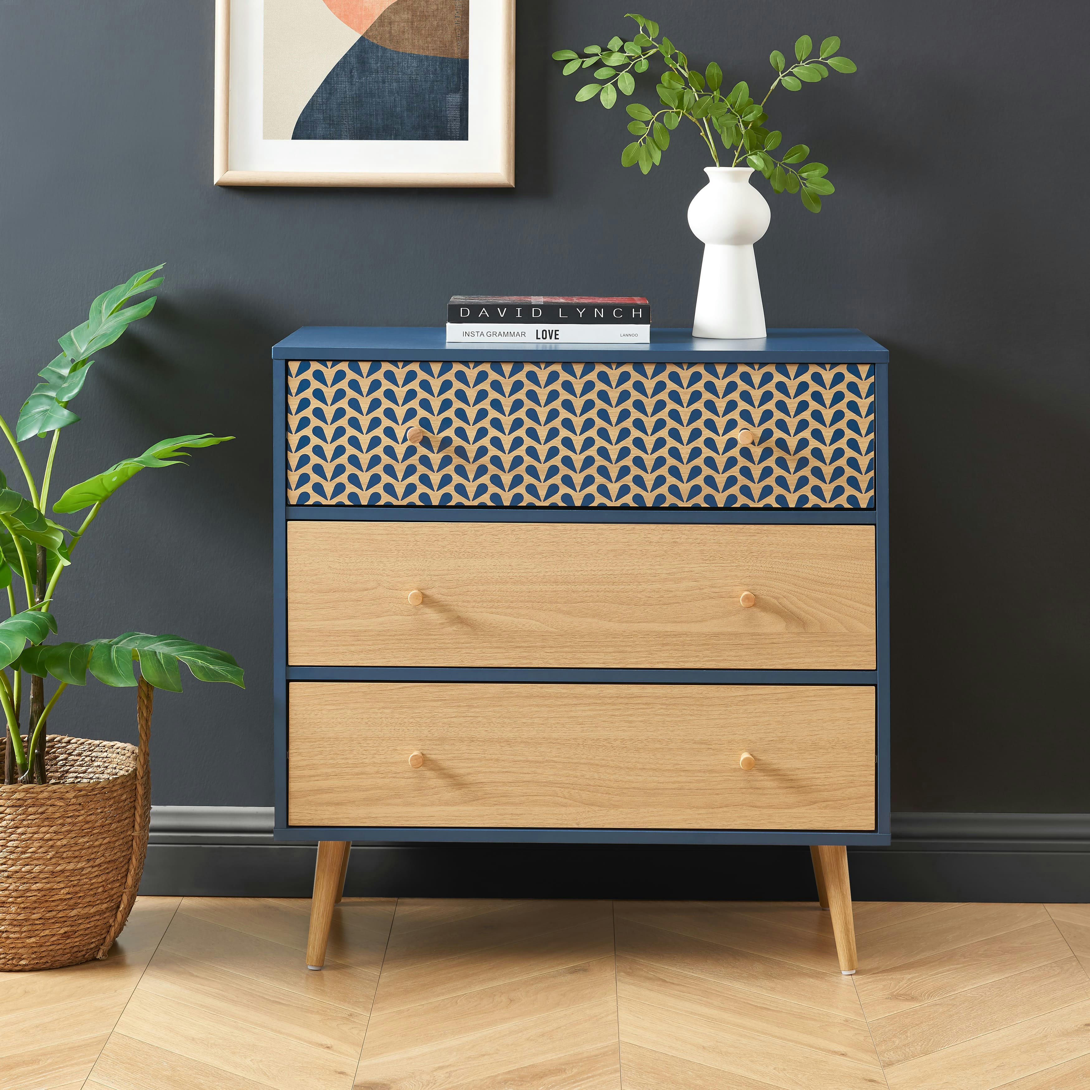 CAPUCINE - Commode   bleu pétrole et effet bois et chêne 3 tiroirs 78cm