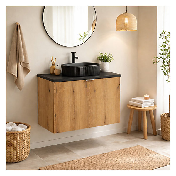 Ensemble de salle de bain suspendu VANO aspect chene et noir 80cm : meubles sous vasque à placards et plan pour vasque