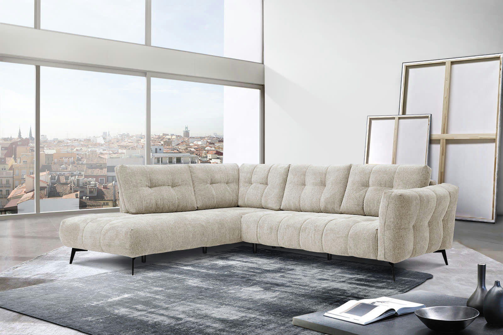 KALMER - Canapé d'angle gauche 5 places tissu beige