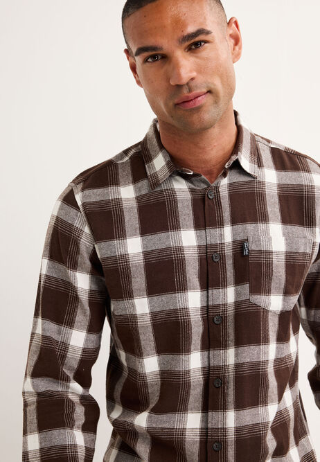 Mens Chocolate Flannel Check Long Sleeve Shirt