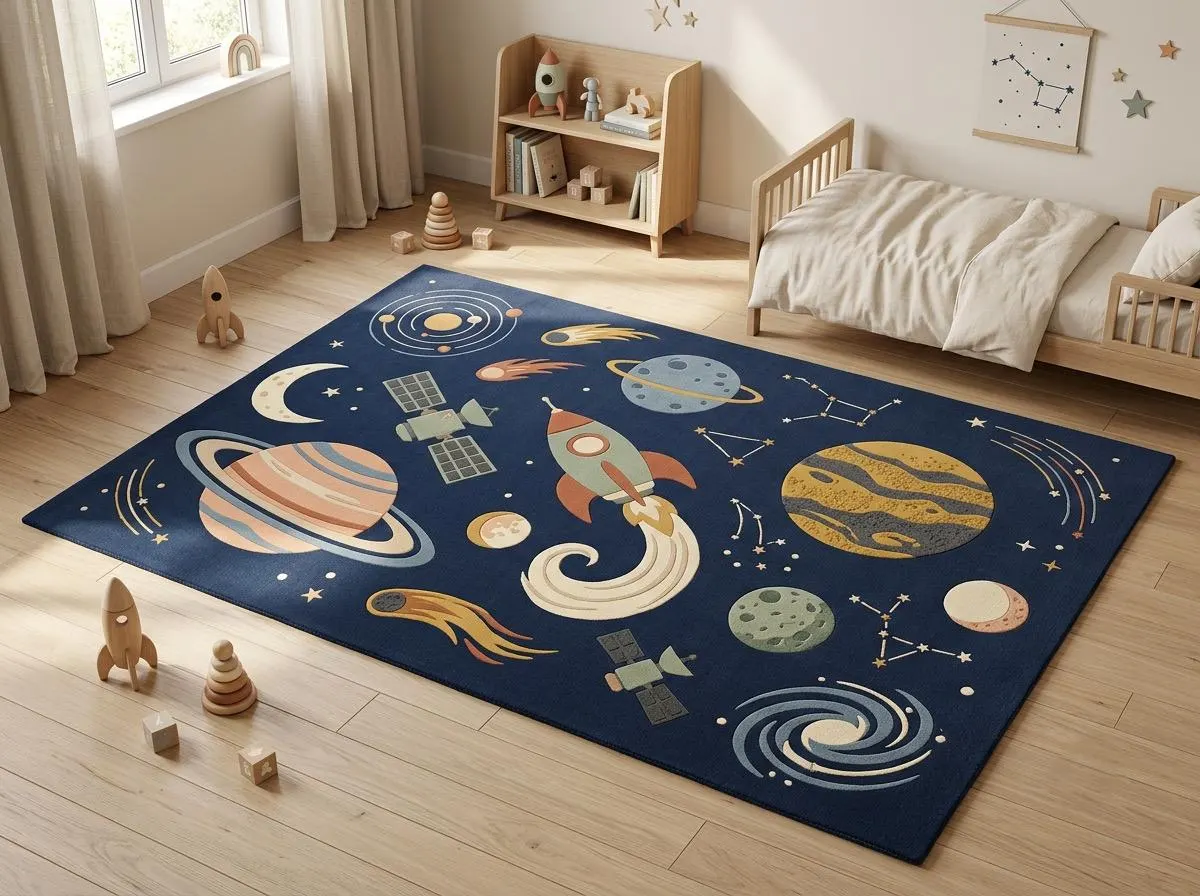 Space Adventure Kids Rug, Planet & Rocket Playroom Carpet, Galaxy Nursery Rug, Outer Space Bedroom Rug, Hand Tufted Kids Carpet