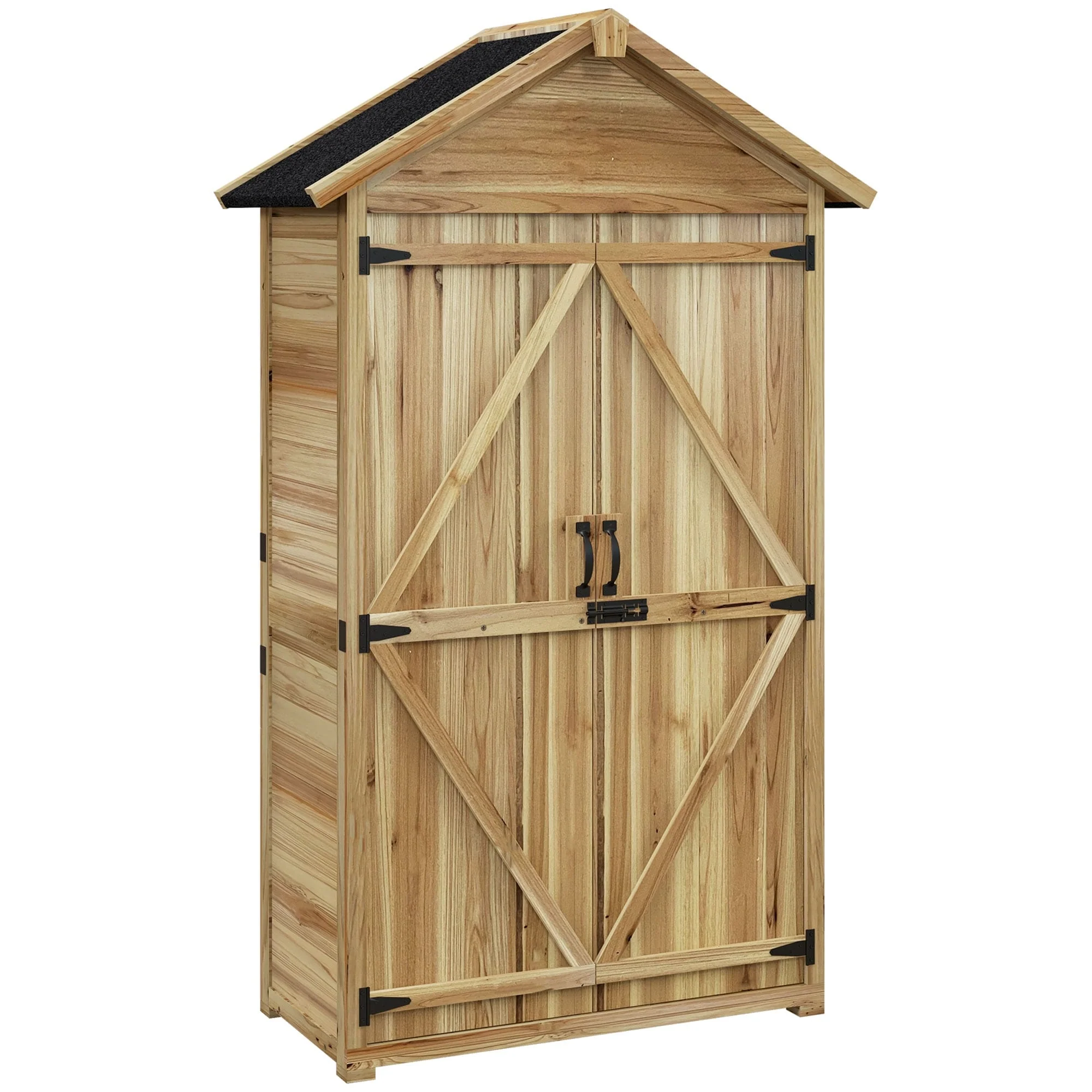 Outsunny Outdoor Storage Cabinet with Waterproof Asphalt Roof, Wooden Garden Shed with Double Lockable Doors and Shelves