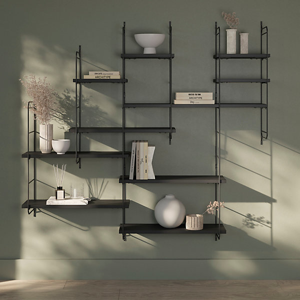 étagère murale modulable 10 tablettes et 6 échelles effet noyer GoodHome Rigga H. 129 x L. 150 x P. 19 cm