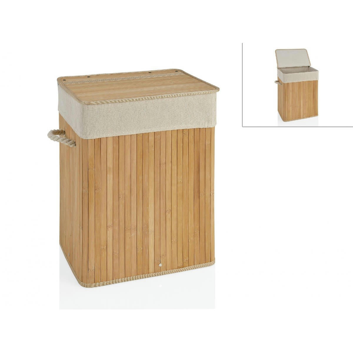 BAMBOU - Panier à linge bambou poignées corde intérieur amovible beige