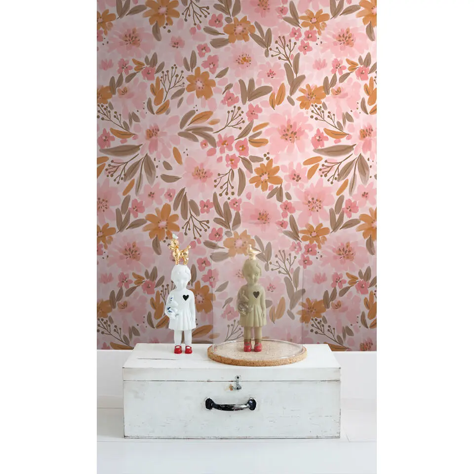 ESTAhome behang bloemen roze, oranje en vergrijsd groen - 50 x 900 cm