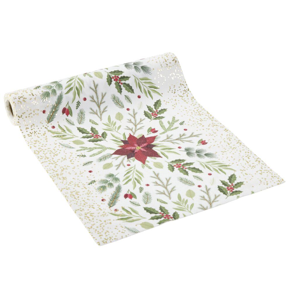 Chemin de table velours blanc et fleurs de No&euml;l 300x28cm