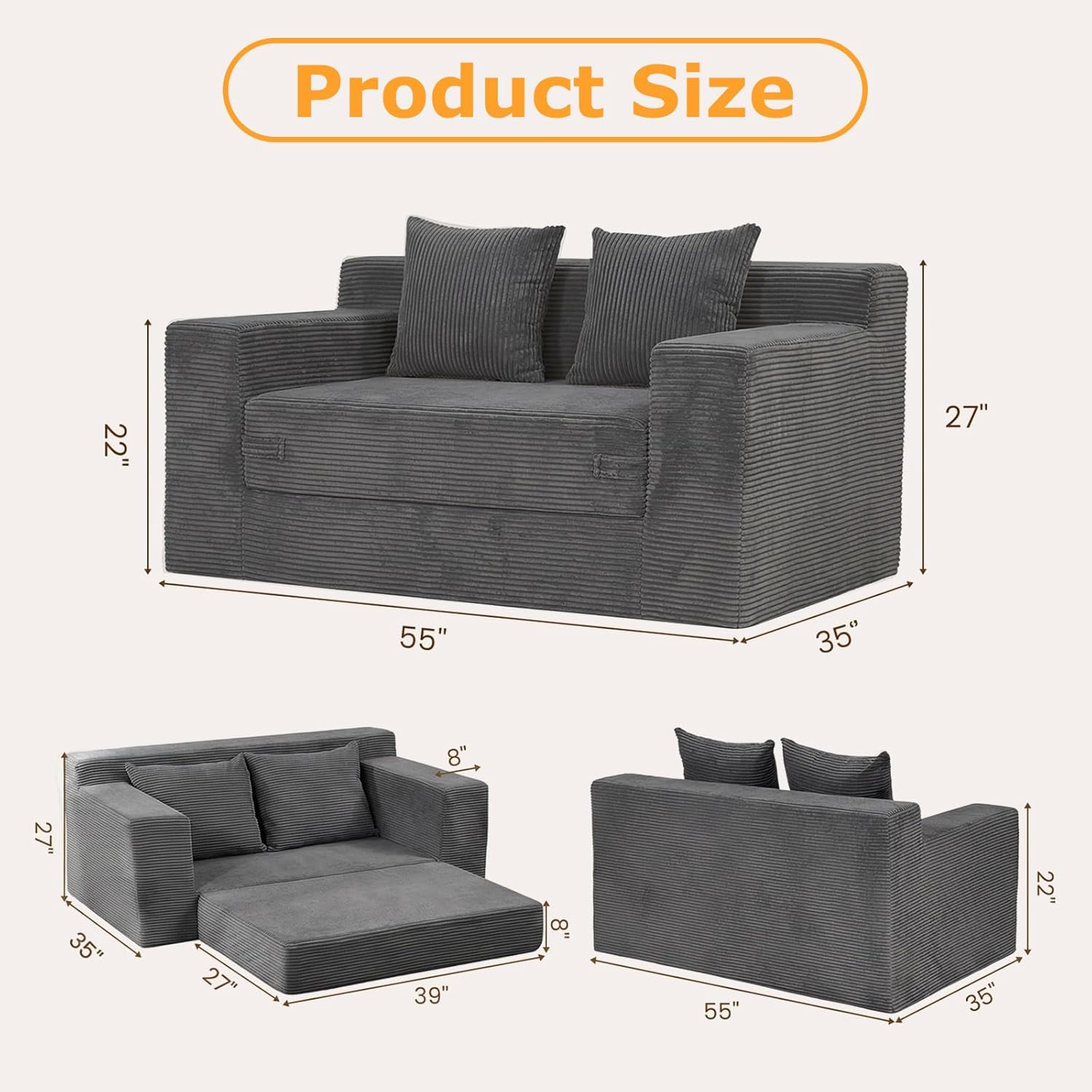 Winzon Boneless Loveseat, 3 in 1 Convertible Sofa Bed Sleeper Sofa Floor Futon Bed with 4 Pillows, 55 Grey Boneless Couch for Living Room, Guest Room, Small Space, No Assembly Required, Corduroy