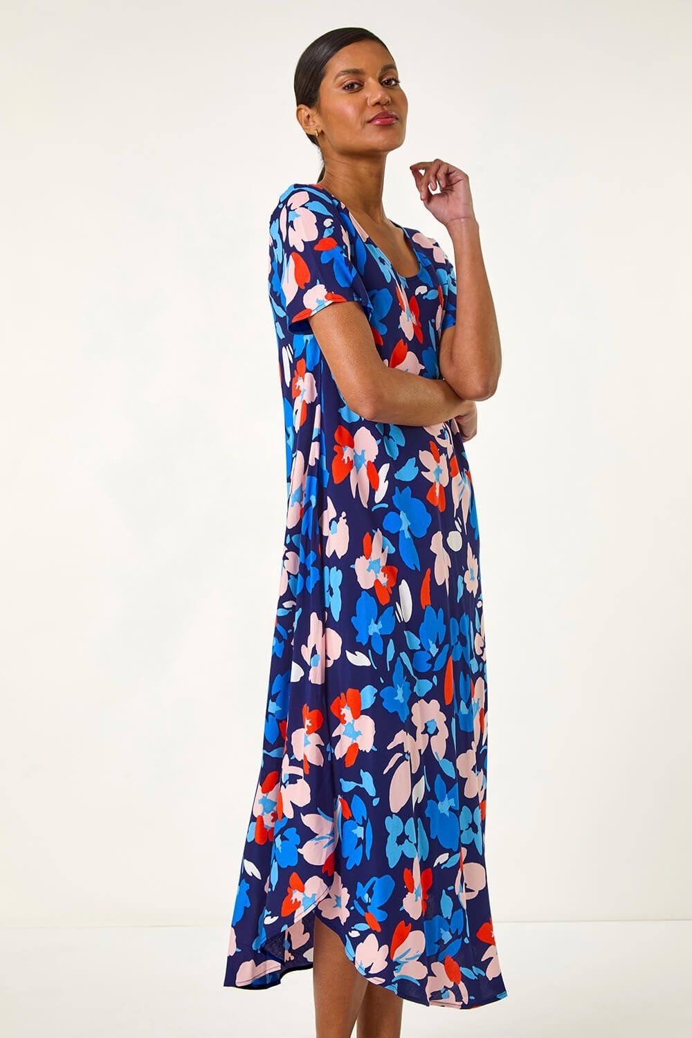 Roman Floral Print Asymmetric Hem T-Shirt Dress