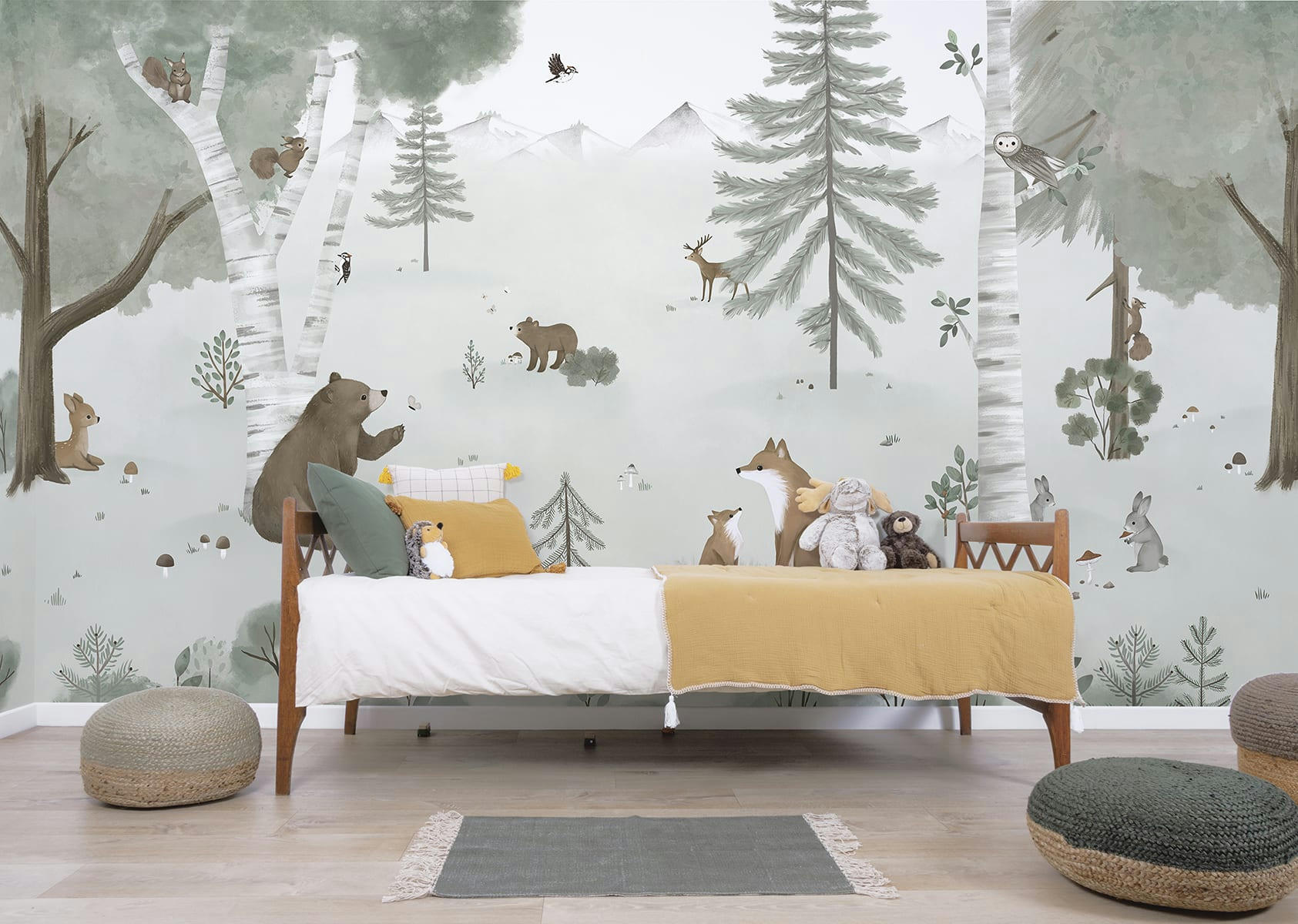 KHARU - Papier peint panoramique animaux de la foret, vert 4 m x 2,48 m