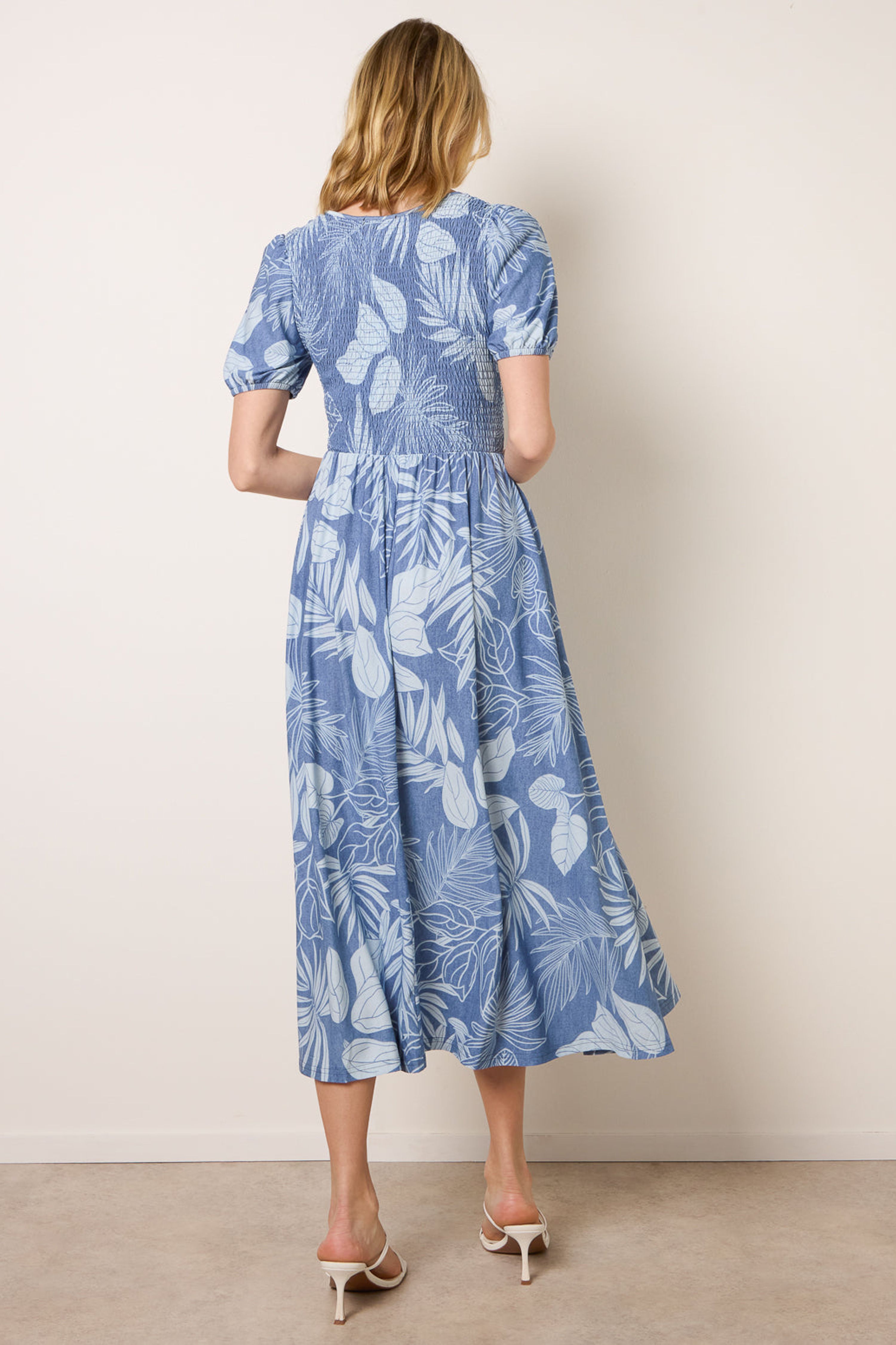 Blue Vanilla Blue Shirred Button V Neck Midi Dress