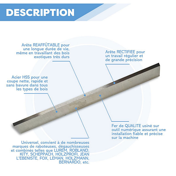 Jeu de 2 fers de dégauchisseuse/raboteuse 260 x 20 x 2.5 mm acier HSS (les 2 fers) - OMNIVOR