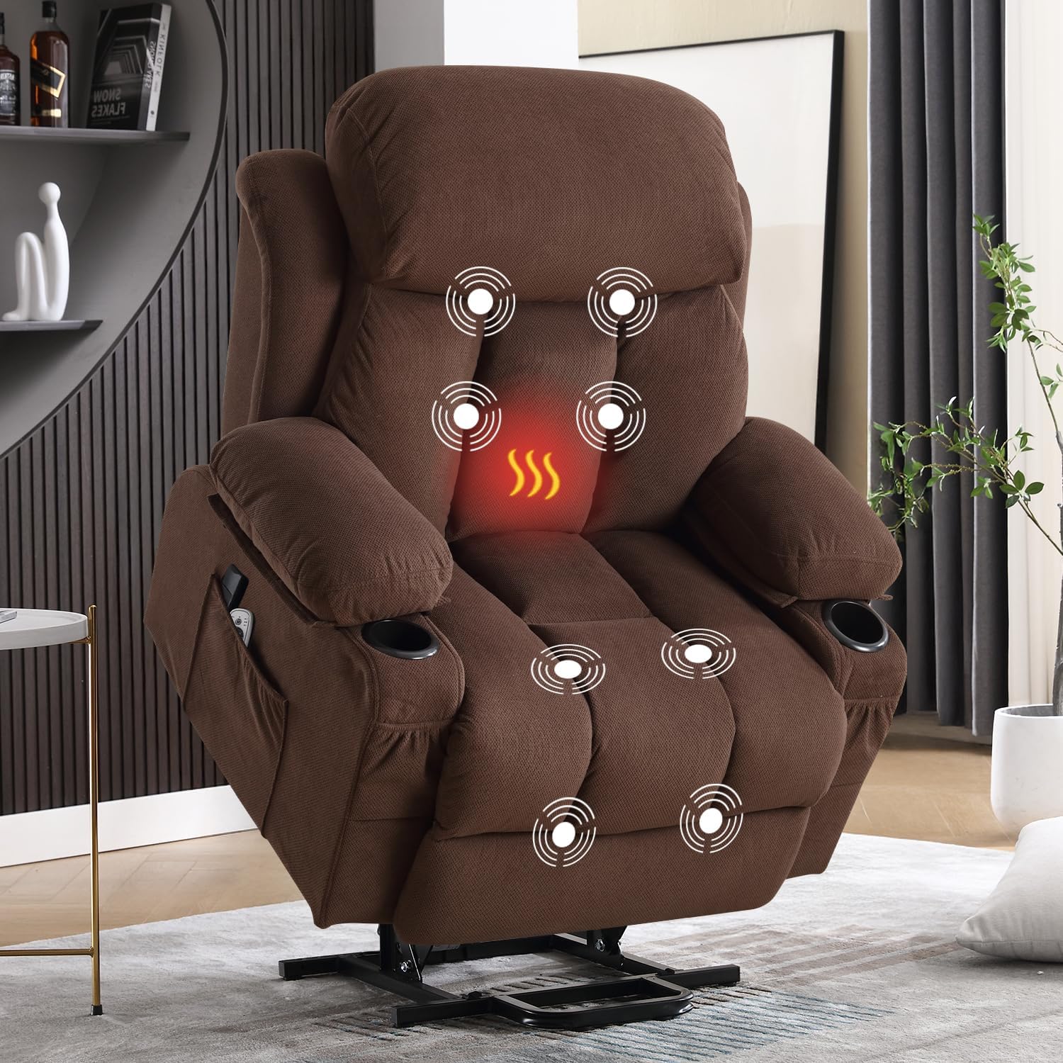MAHOMICO Power Lift Recliner Chair for Elderly with Vibration Massage and Lumbar Heating, Electric Lift Recliner Single Sofa with Side Pocket, Two Cup Holders and USB Charge Port for Living Room