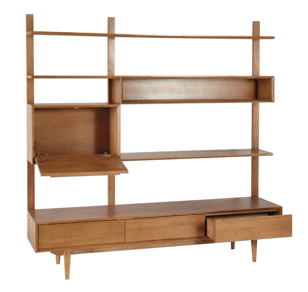 Portobello - Meuble TV étagère vintage 3 tiroirs 1 porte en bois de chêne massif