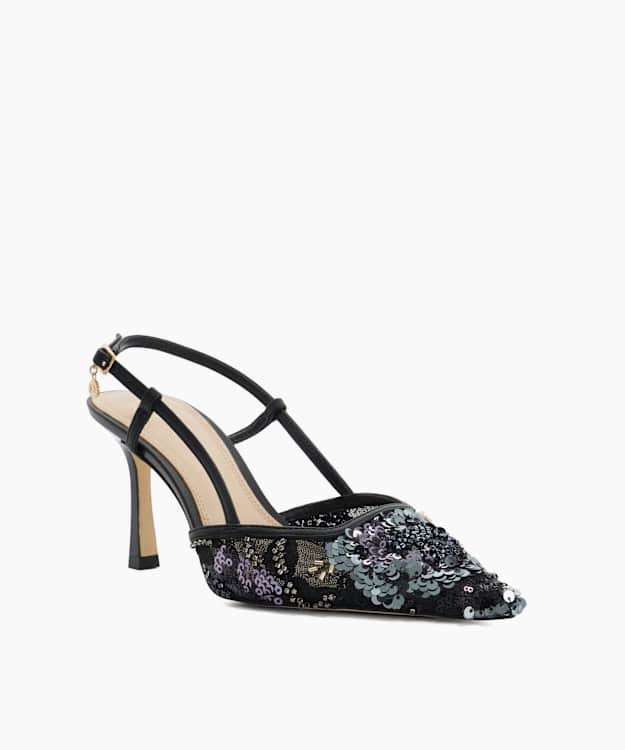 Composure Black - Pointed Mid Heel Slingback Heels