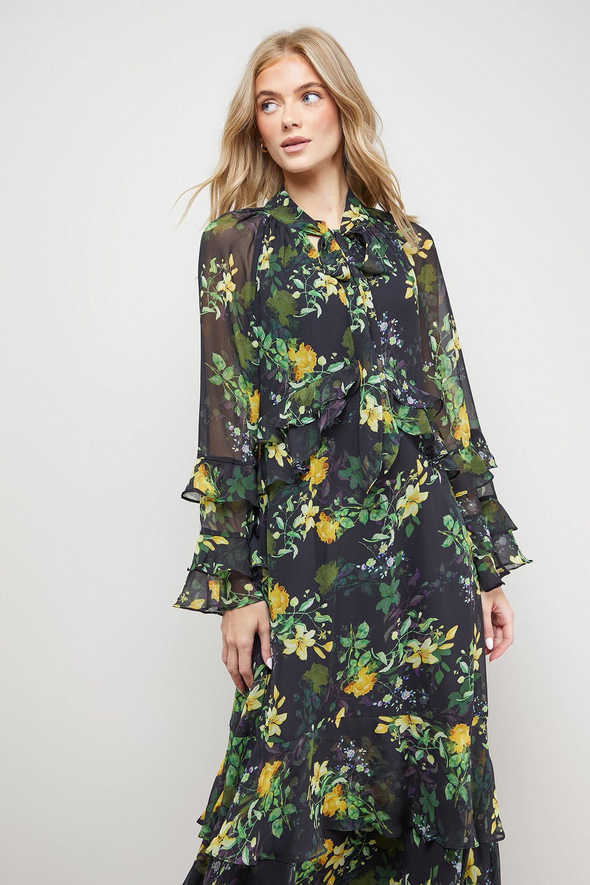 Oasis Printed Tie Neck Ruffle Detail Maxi Dress