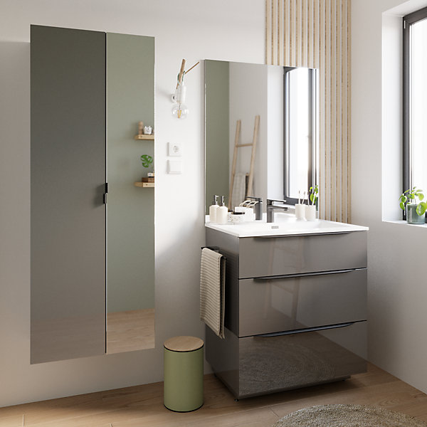 Colonne de salle de bains suspendue 2 portes gris anthracite brillant et miroir l.60 cm x H.160 x P.35 cm, Pamili