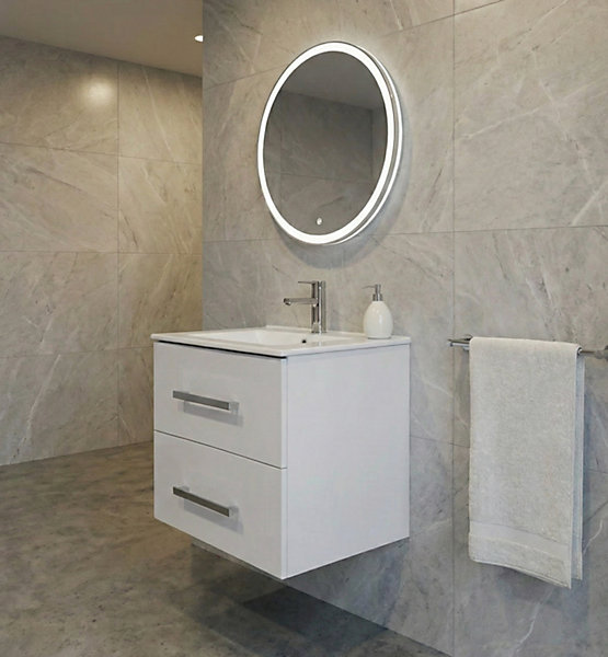 Meuble Salle de Bains avec vasque/lavabo sous vasque suspendre Chania 60 Blanc brillant, 1 Miroir Rond 60 avec LED
