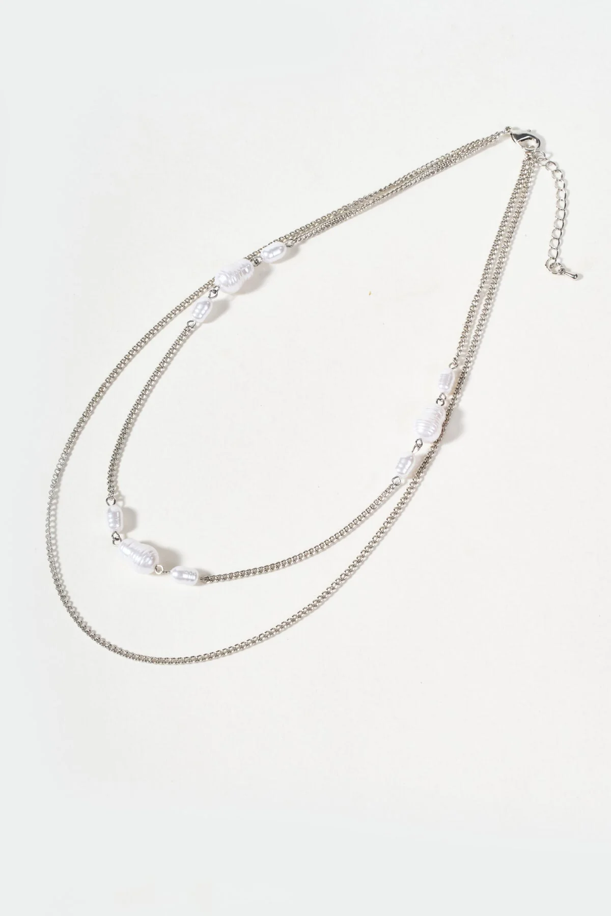 White Pearl Silver Layered Necklace