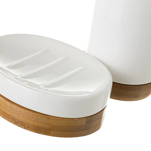Ensemble de salle de bain de 3 pièces : Distributeur de Savon, Porte Savon, Gobelet en céramique coloris Blanc et bambou
