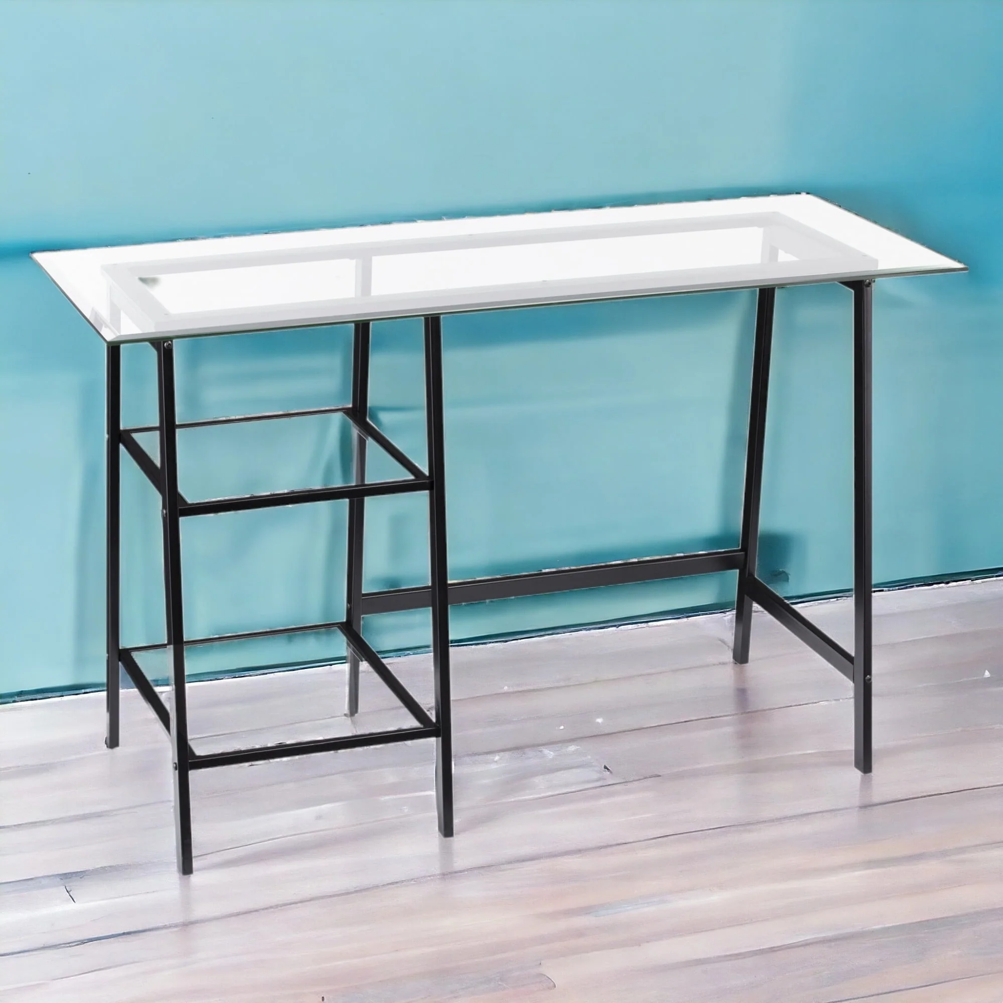 Clear Glass Black Metal Writing Desk with Shelves and Rectangular Desk