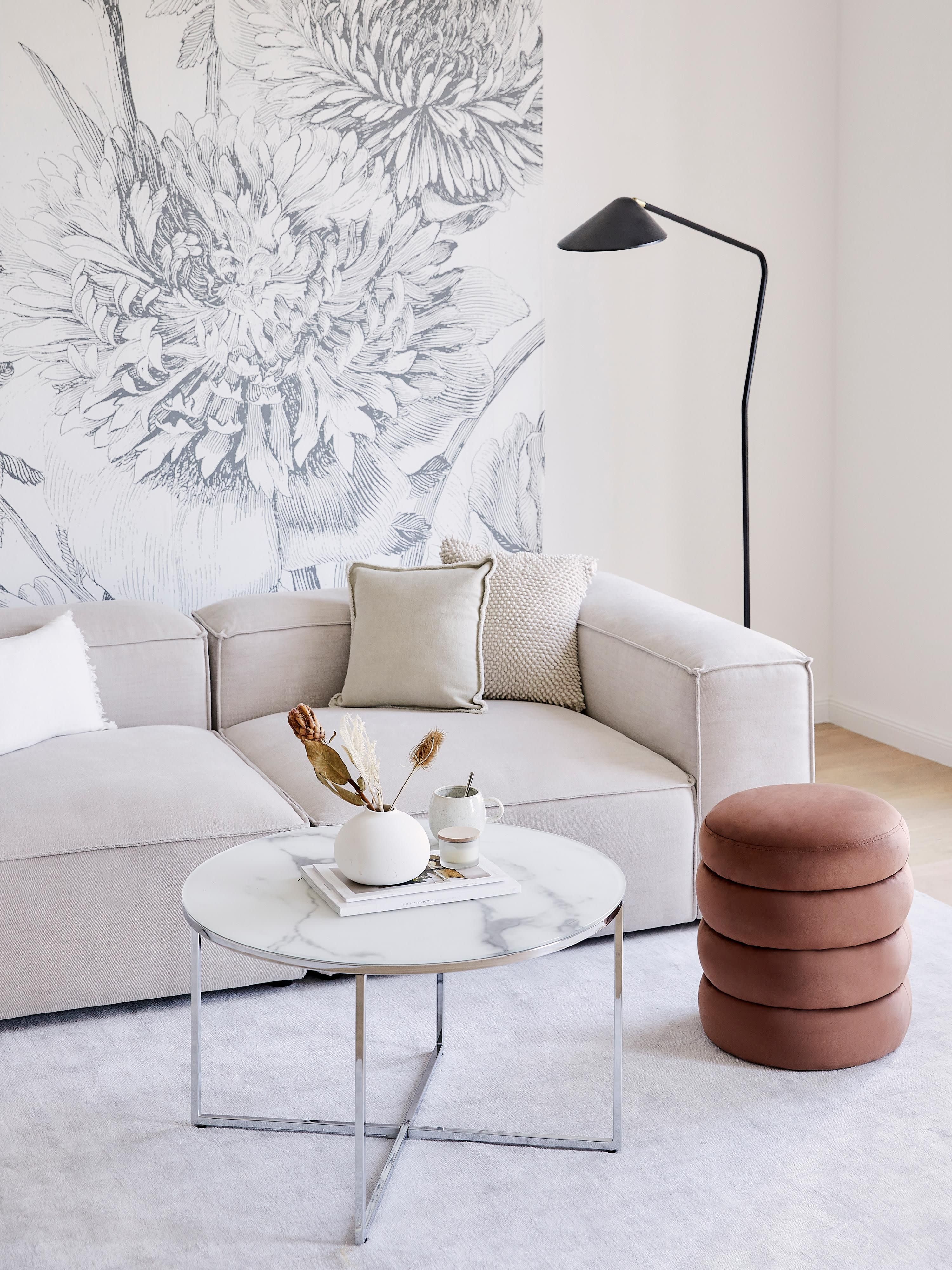 Runder Couchtisch Antigua mit Glasplatte in Marmor-Optik