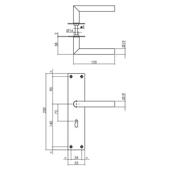Türdrücker »Jura«, 250x55x2 mm BB 72 mm