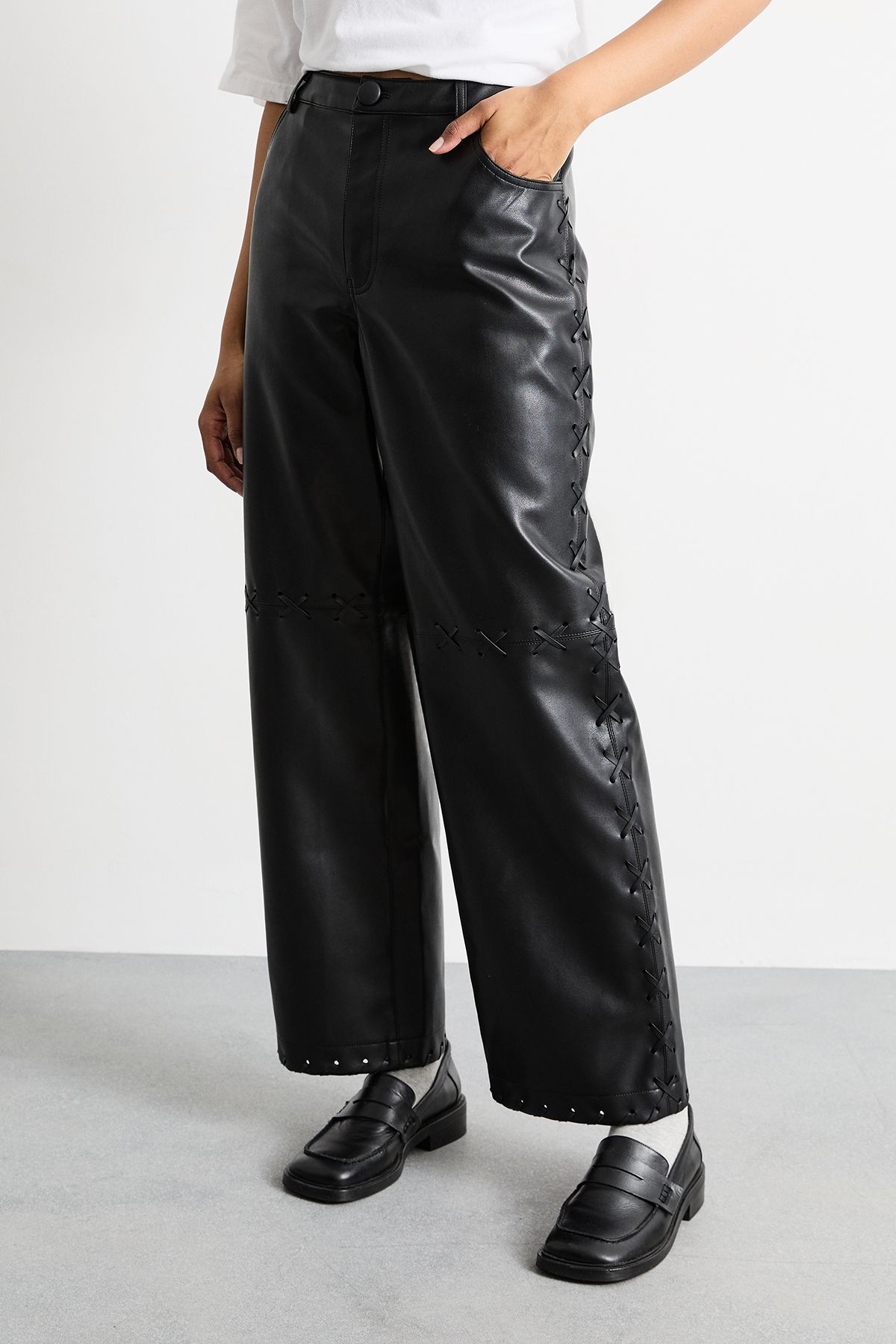 Warehouse Faux Leather Whipstitch Detail Straight Leg Trouser