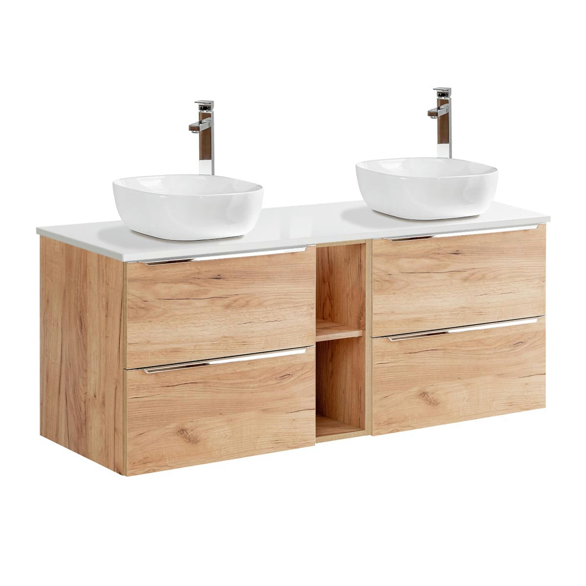 - Meuble double vasque 140cm 2 niches naturel et blanc