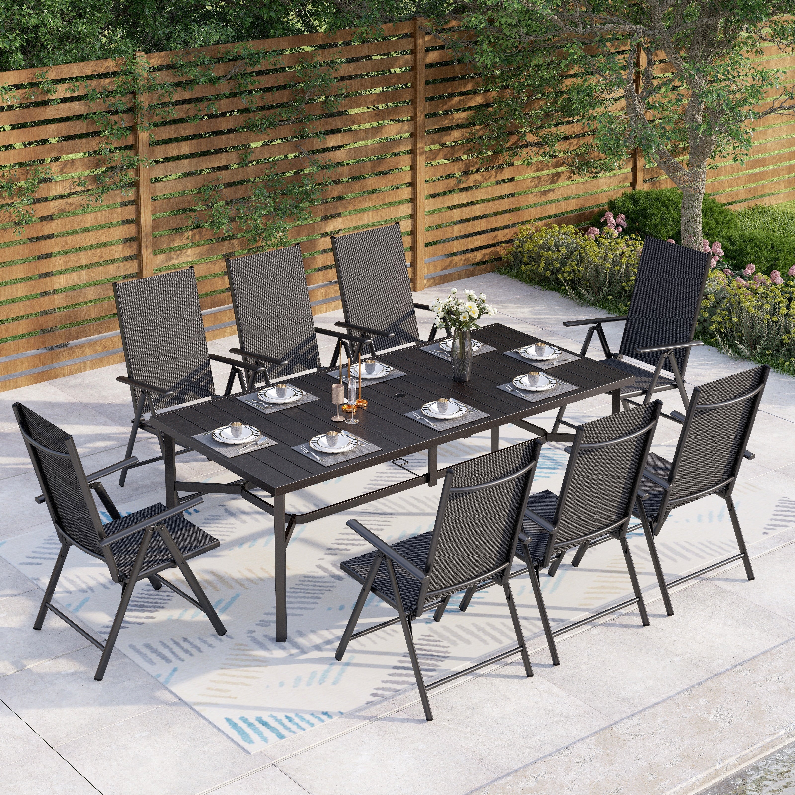 9-Piece Patio Dining Set, Metal Table and Foldable Sling Dining Chairs with 7 Levels Adjustable