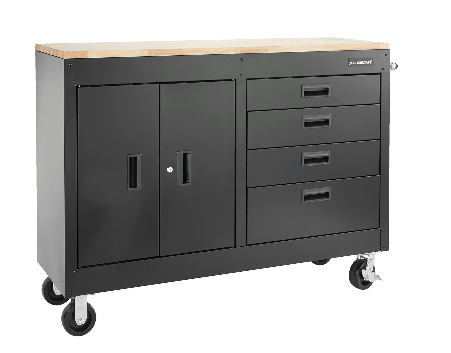 Mastercraft 4-Drawer, 2 Door Wooden Top Workstation + Cabinet with Wheels, Black Series, 54 x 18 x 41-in