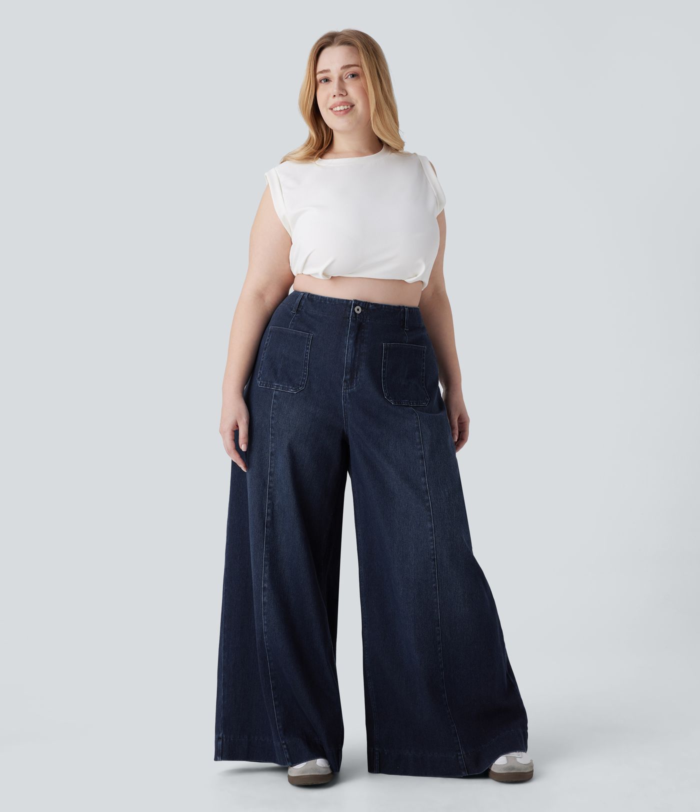 Jean décontracté Halara Flex™ grande taille large taille haute en maille extensible délavée avec poches avant