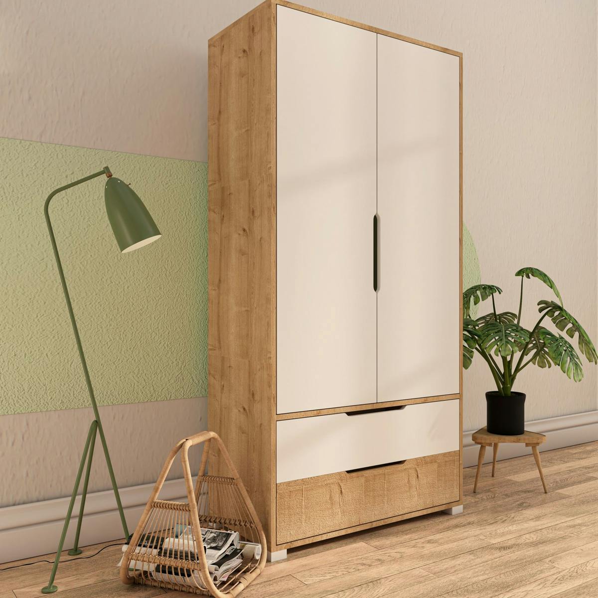 Armoire penderie 2 portes effet bois et blanc BYRON