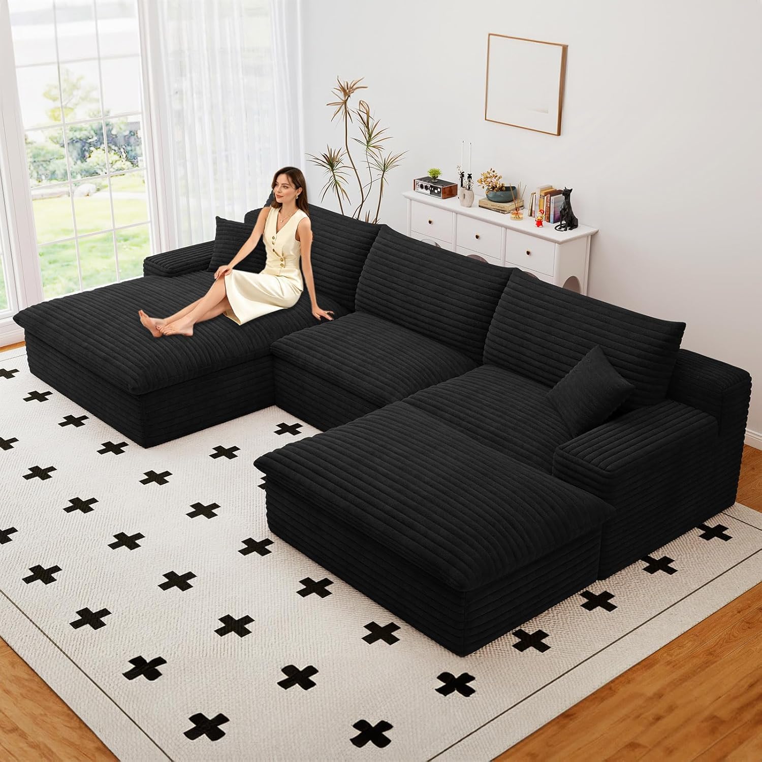 107 Cloud Couch Modular Sectional Sofa for Living Room, U-Shape Boneless Couch with Deep Seat, Modern Corduroy 3-Seater with Ottoman, No Assembly Required (Black,Left-Facing Chaise)