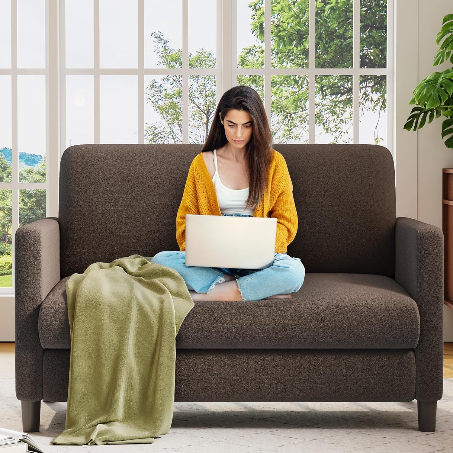 Welzona Loveseat, 51 Small Couch, Comfy Teddy Love Seat for Living Room, Tool-Free Setup Loveseat Sofa for Small Spaces, All-Wood Small Sofa Couch for Bedroom, No Pillow Included, Brown