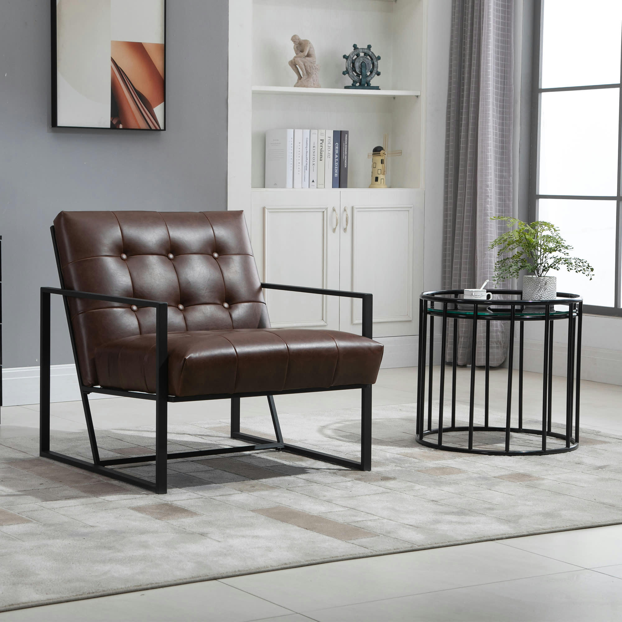 - Fauteuil lounge métal noir revêtement synthétique marron