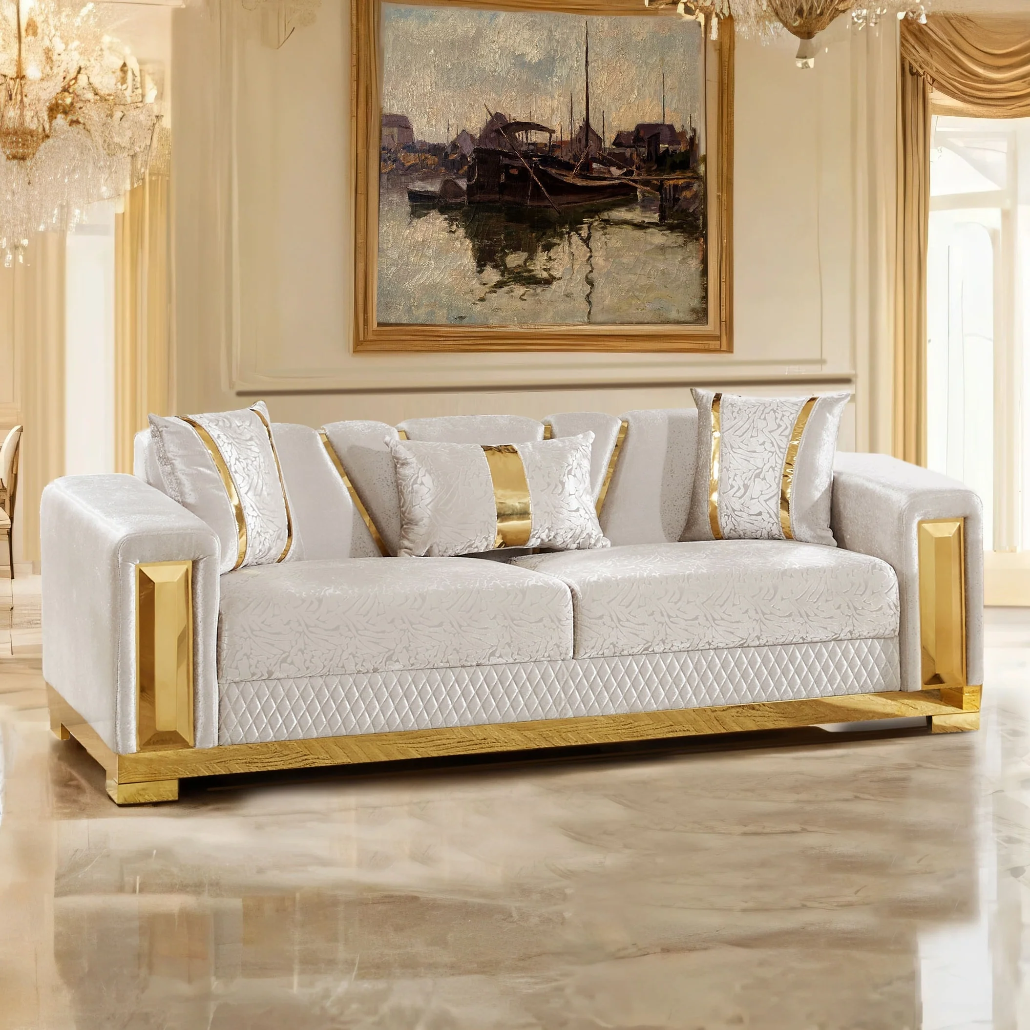 Furniture of America Maxine Glam Solid Wood Sofa with Accent Pillows