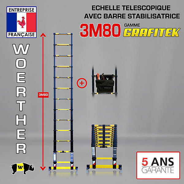 Echelle télescopique Woerther 3m80 avec barre stabilisatrice plus sac porte outils