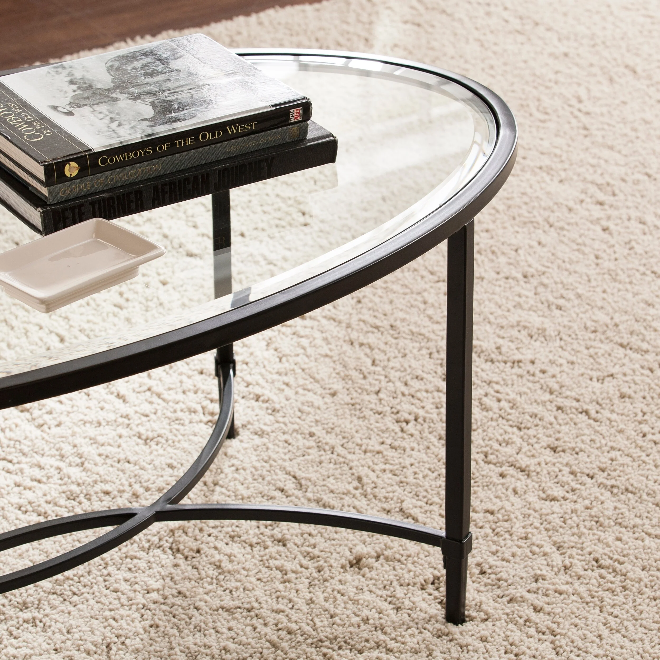 SEI Furniture Quaker Matte Black Metal Oval Coffee Table with Glass Top