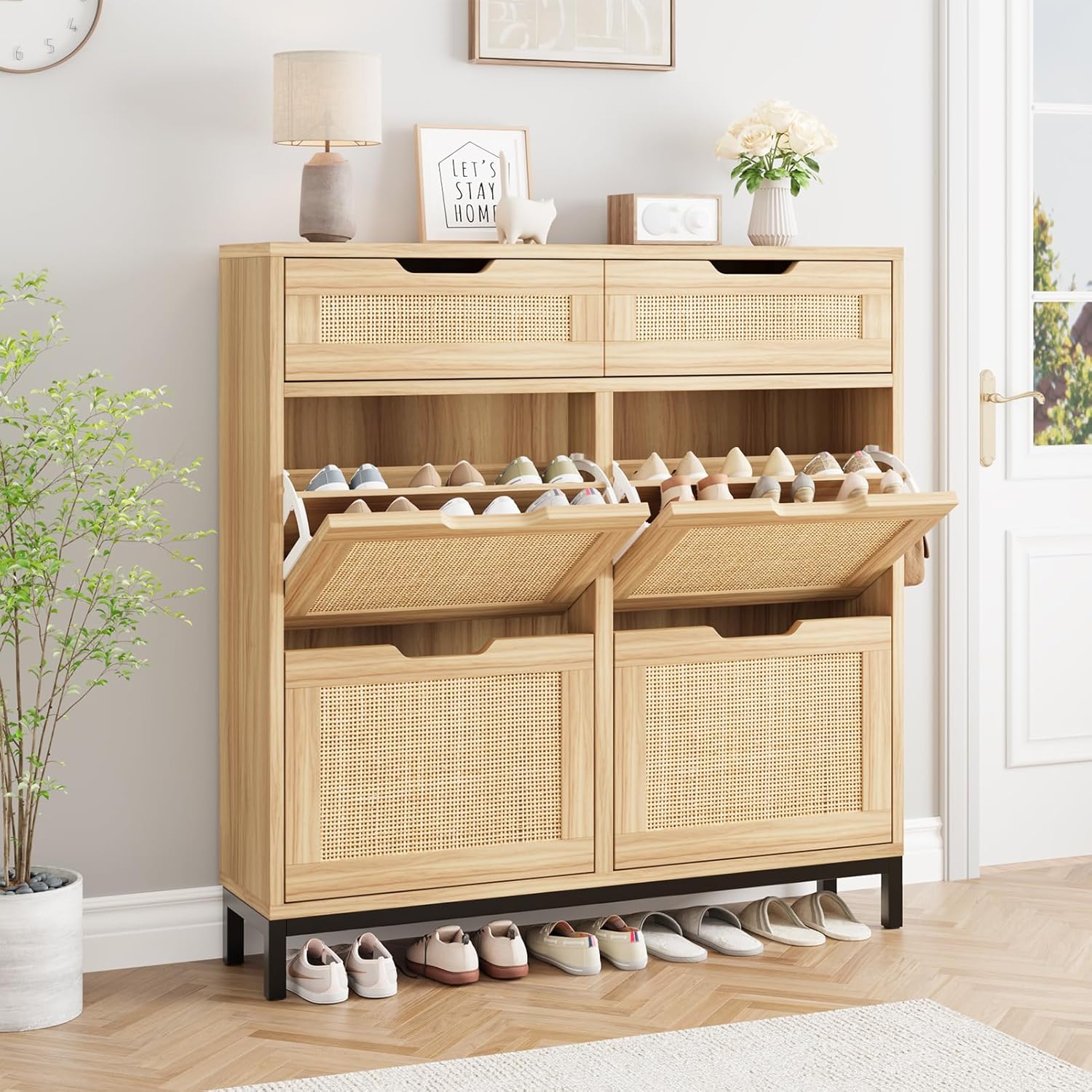 Rattan Shoe Cabinet with Flip Drawers, Narrow Freestanding Shoe Storage Cabinet with Metal Legs for Entryway/Hallway/Foyer (Natural)