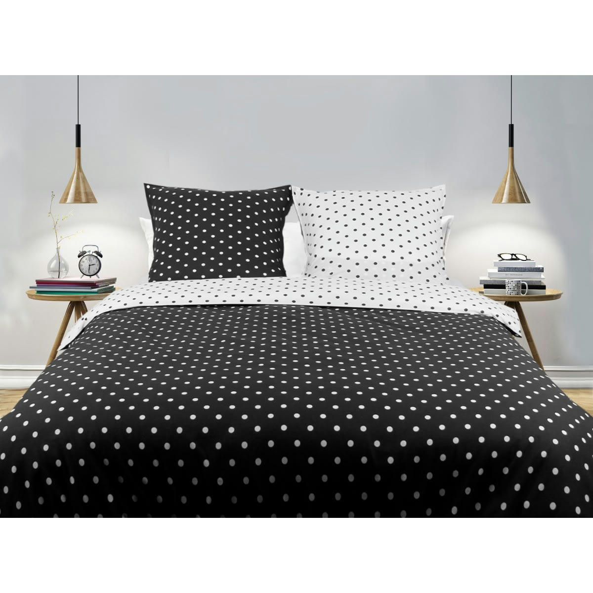 IMPRIMÉ POIS GRIS - Parure de lit 2 personnes housse de couette 200x200 cm+ 2 TO 65x65 cm