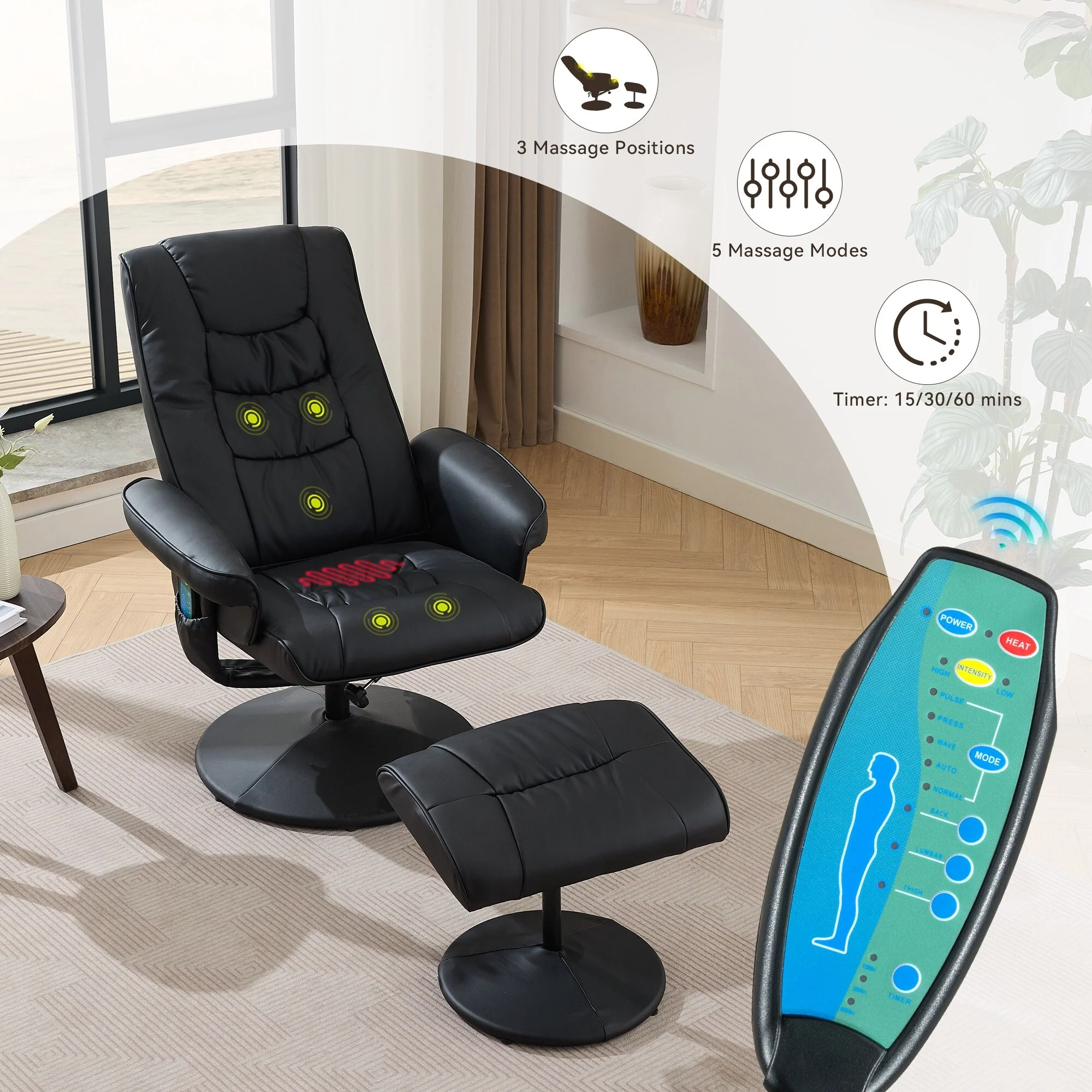 Swivel Recliner Chair with Ottoman, Heated Seat, 5-Point Vibration Massage and 140° Adjustable Backrest