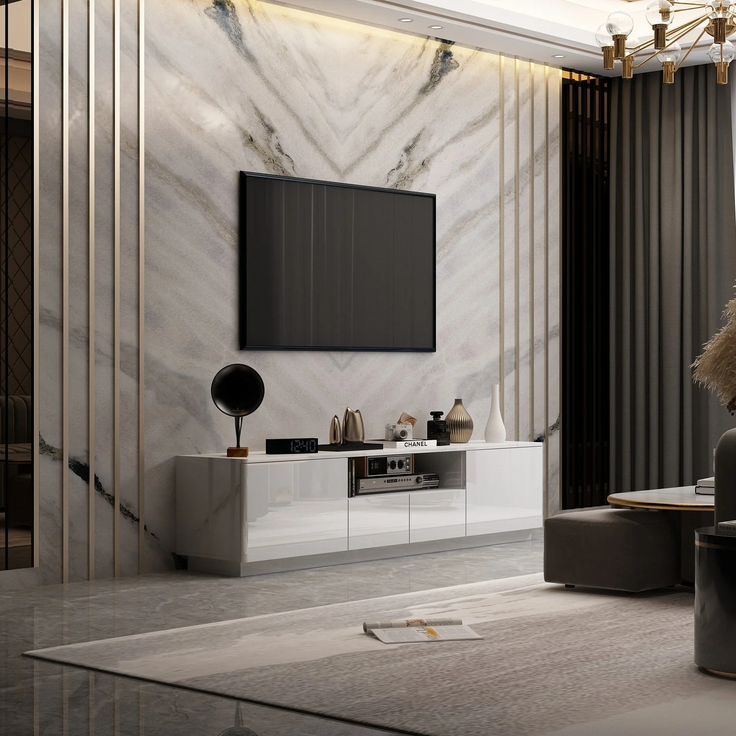 TV Stand LED Light High Gloss White TV Stand LED Entertainment Center