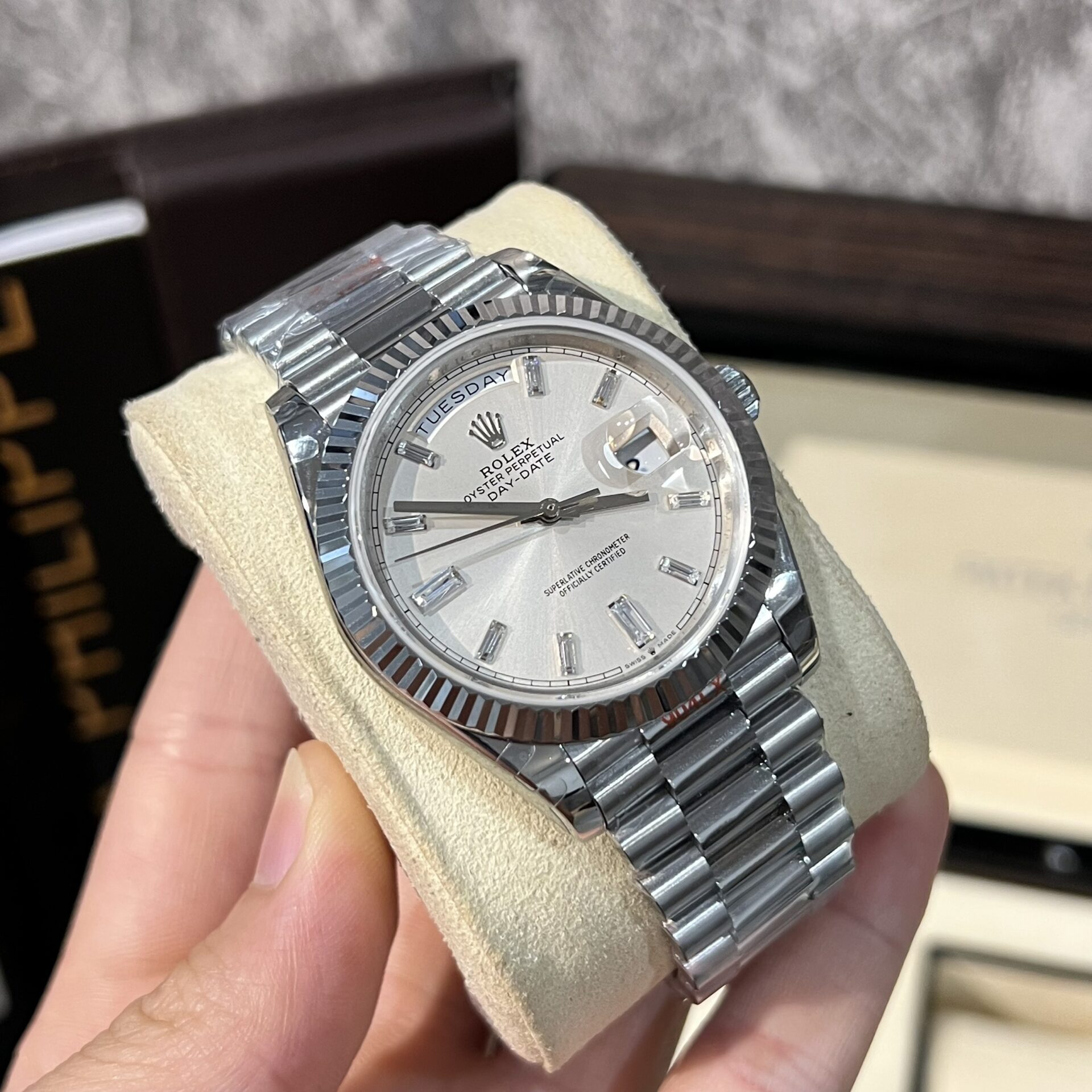 Rolex Day-Date 228239 904L Steel White Dial CZ Diamonds 40mm Super Clone