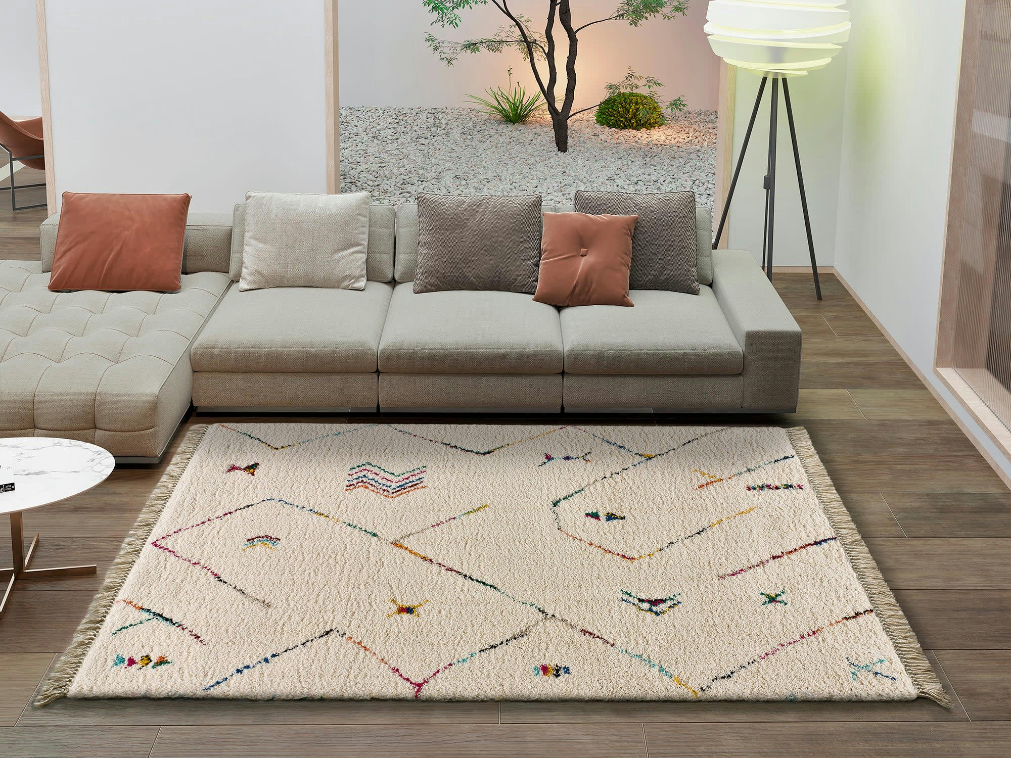 ZIRI - Tapis shaggy avec franges en blanc à motifs multicolore, 200x290 cm