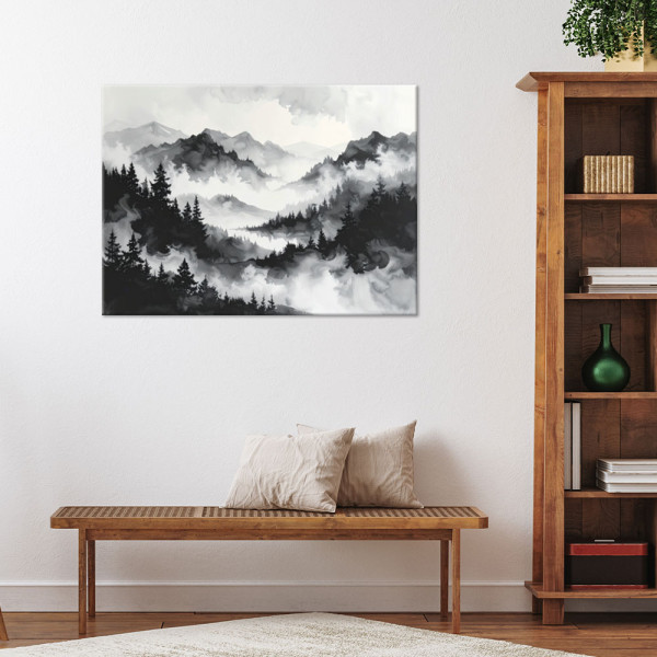 Obraz do salonu sypialni biura, Góry i las we mgle minimalistyczny 30x20