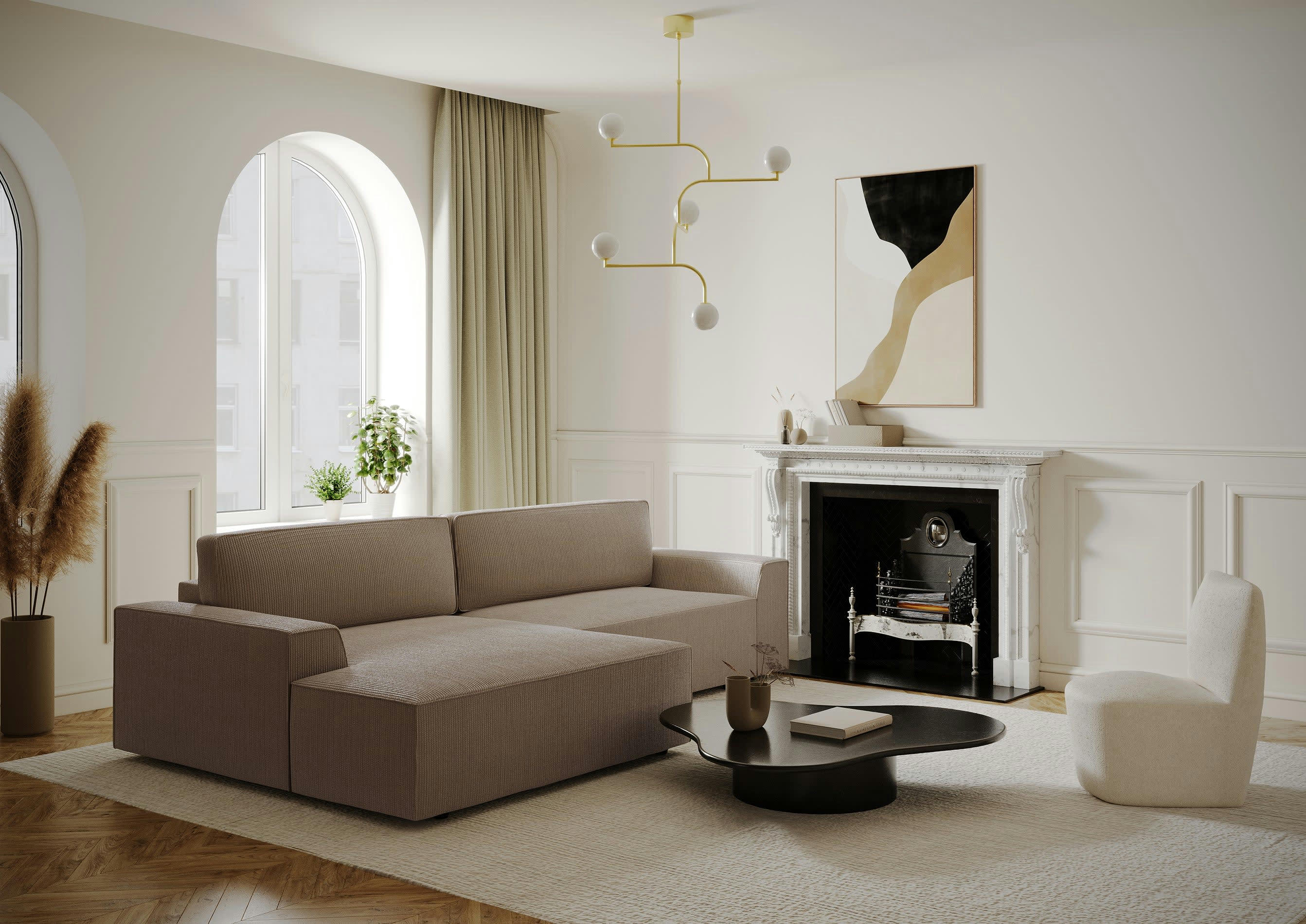 ELIOTT - Canapé angle droit convertible coffre velours côtelé taupe 300x174cm